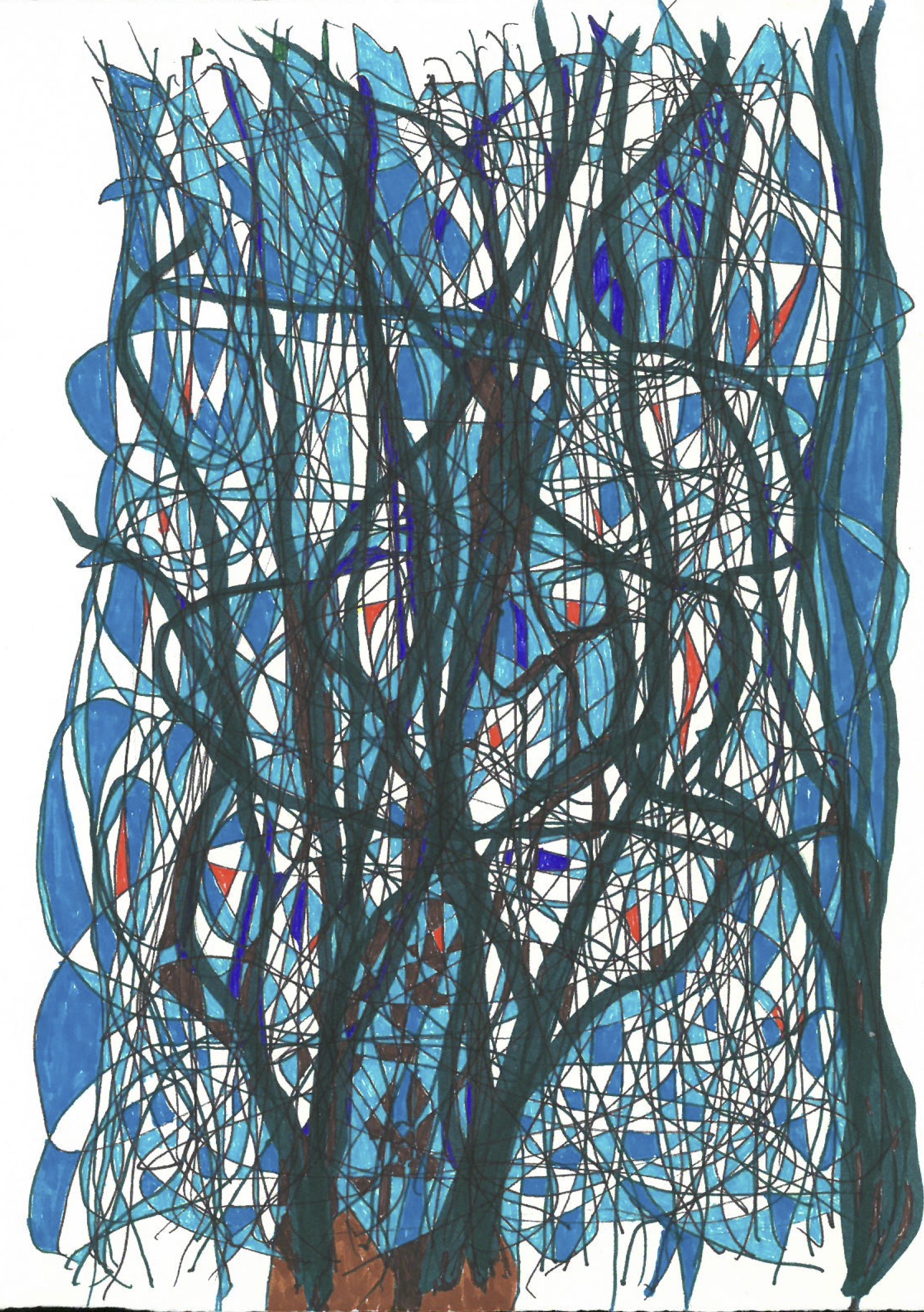 abstract drawing blue leaves, thick black limbs, red fruit