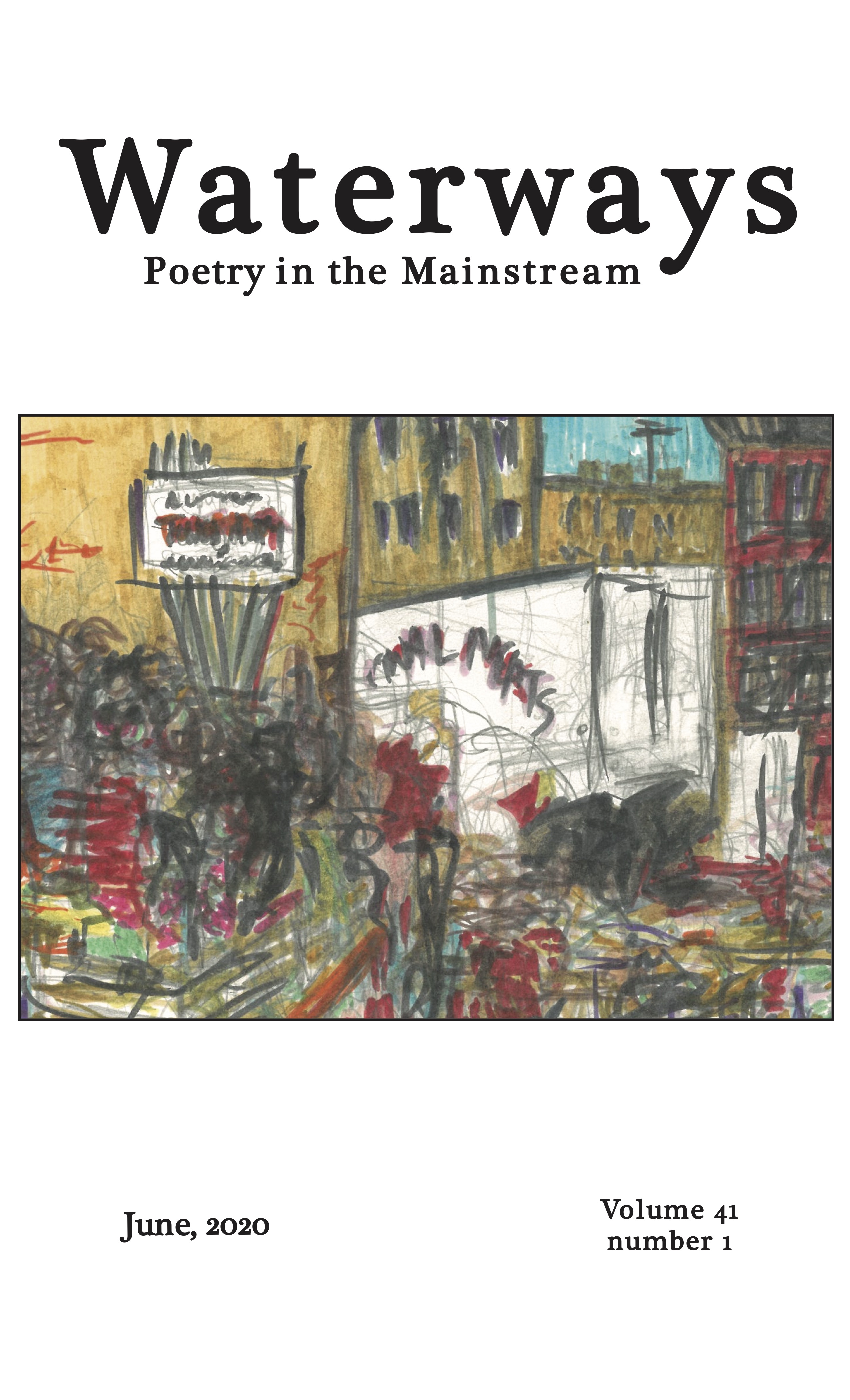 Cover of June 2019 features semi abstract pastel sketch of city scene including trucks, signs, and aparment buildings.