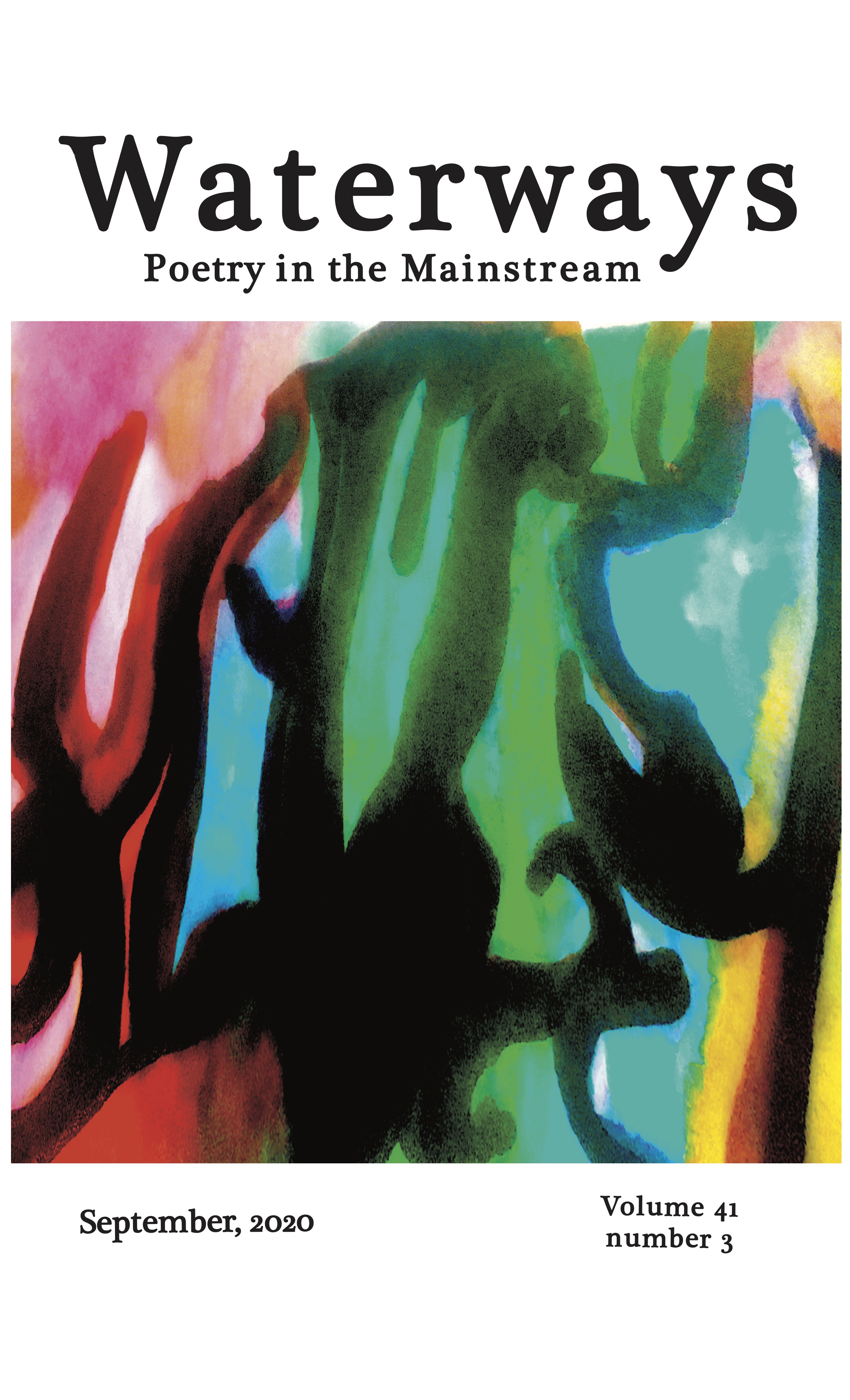 Cover of September 2019 is Richard Spiegel's abstract watercolor and ink improvisation in black, green, and red.