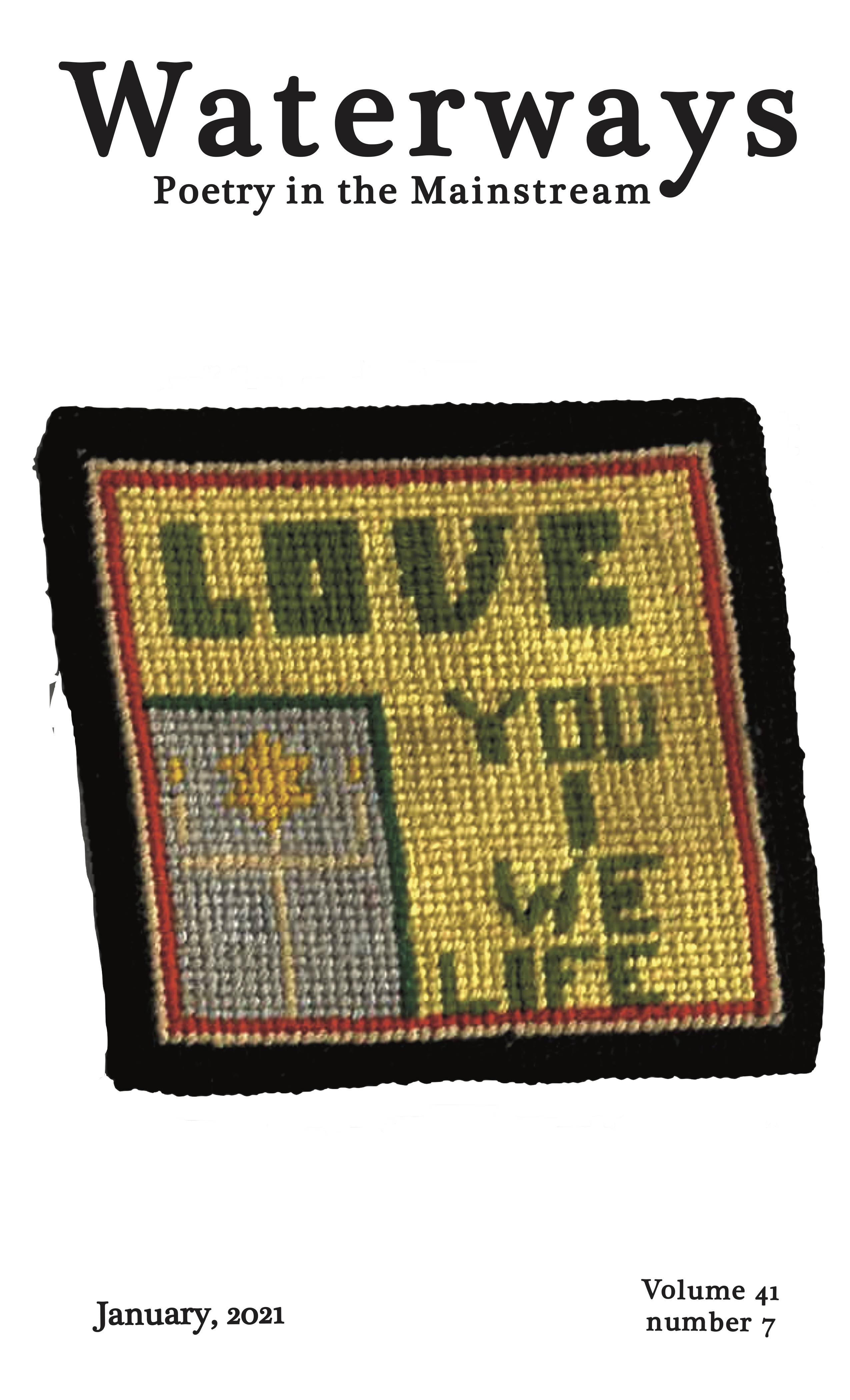 Cover of January 2020 is a petit point by Barbara Fisher who uses a fine grade canvas and half stitched cotton yarns to fill in the design.