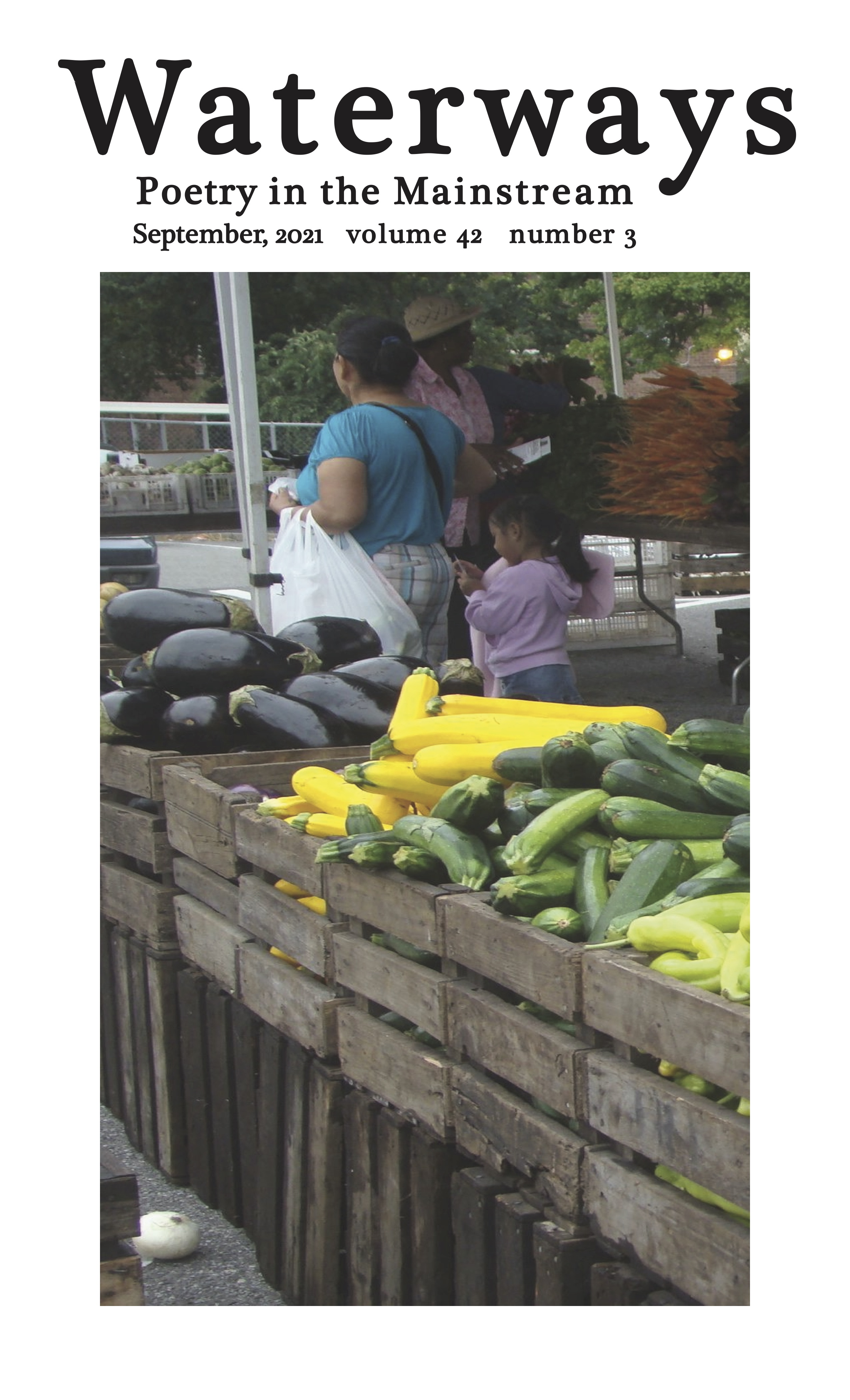 farmers stand with customers and produce with prominent large eggplants and zuccinis