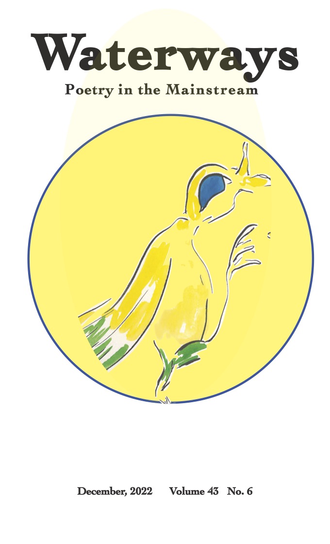 Cover for December is Barbara Fisher's drawing of a yellow bird with blue eyes singing in a yellow circle that may be the moon.