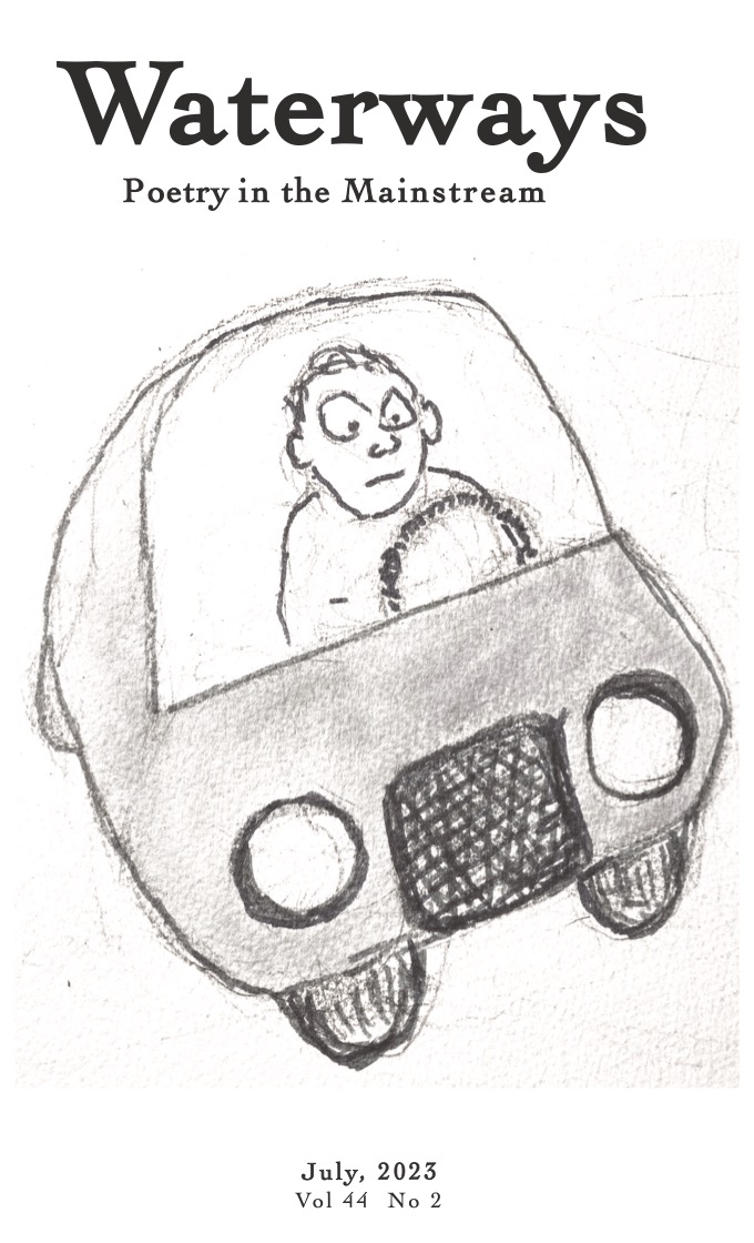 Cover for July is a drawing by Richard Spiegel of a cartoon man in a cartoon car