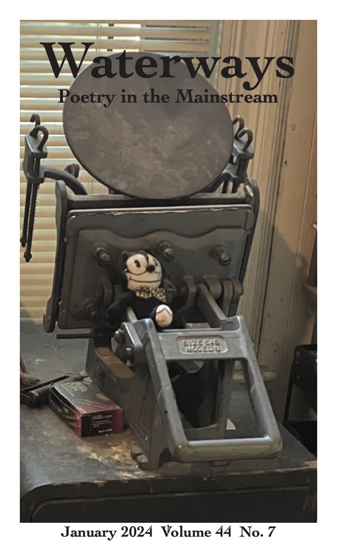 Cover for January is a photograph of a small letterpress with a stuffed cat beanbag doll sitting in the mechanism