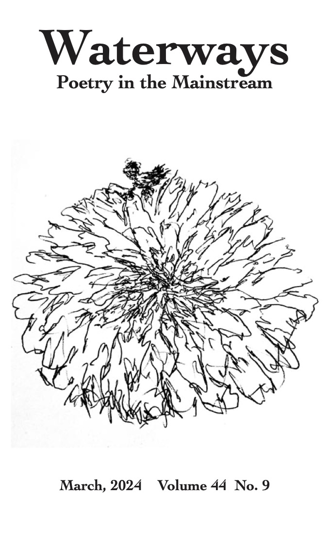 Cover for March is a black and white line drawing of a marigold